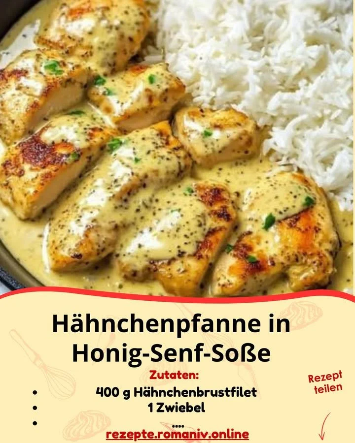 Hähnchenpfanne mit Honig-Senf-Soße auf einem Teller serviert