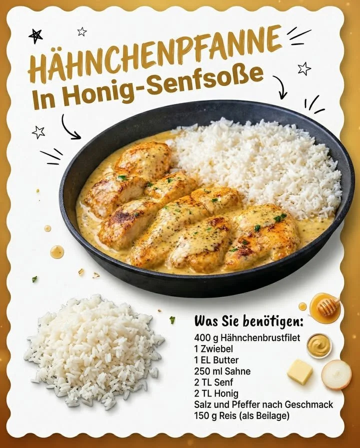 Hähnchenpfanne in Honig-Senfsoße auf einem Teller serviert