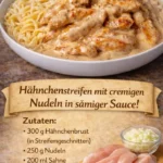 Hähnchenstreifen mit cremigen Nudeln auf einem Teller serviert