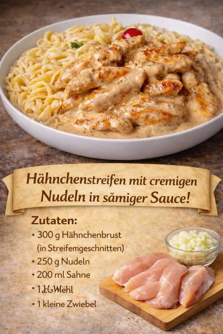 Hähnchenstreifen mit cremigen Nudeln auf einem Teller serviert