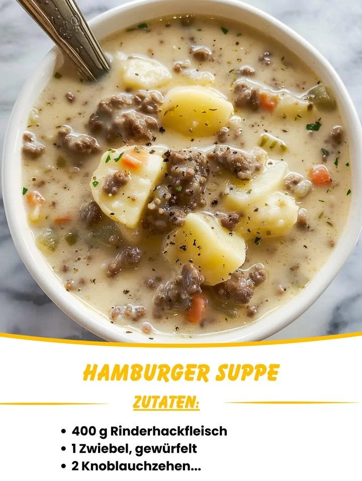 Schüssel Hamburger Suppe mit frischen Zutaten und Kräutern