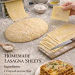 Hausgemachte Lasagneblätter auf einem Holzbrett angerichtet