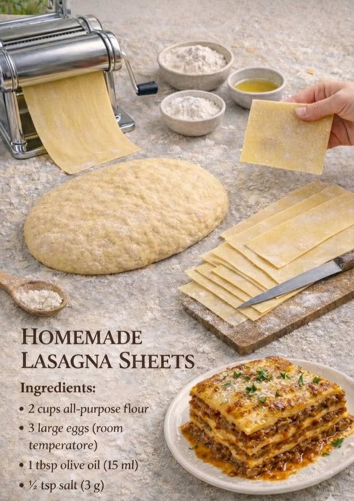 Hausgemachte Lasagneblätter auf einem Holzbrett angerichtet