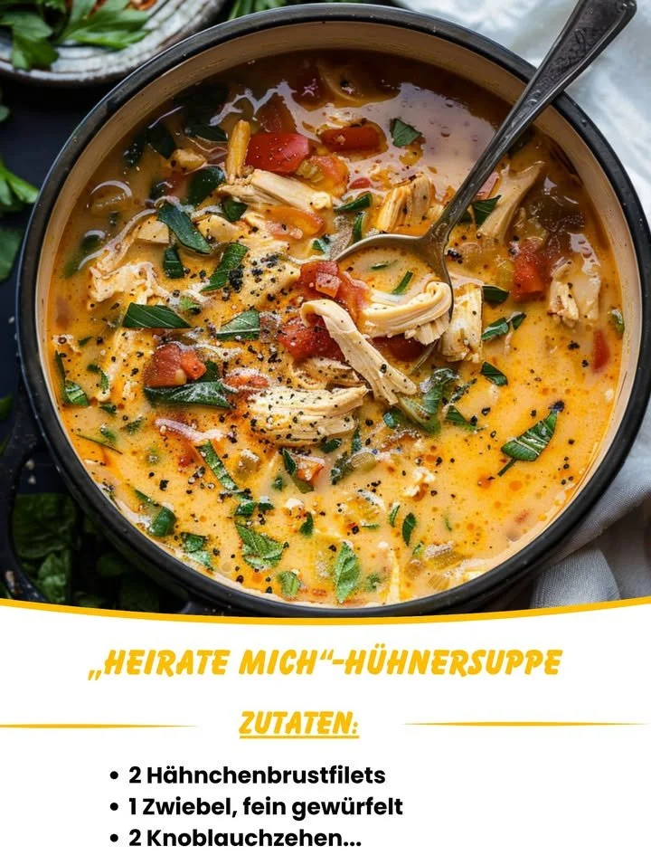 Schüssel mit dampfender Heirate mich Hühnersuppe, liebevoll zubereitet.