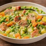 Eine köstliche Schüssel herzhafter Erbsensuppe mit frischen Zutaten