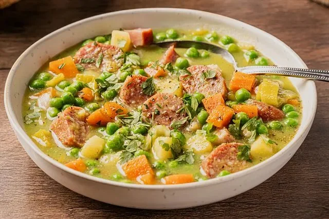 Eine köstliche Schüssel herzhafter Erbsensuppe mit frischen Zutaten