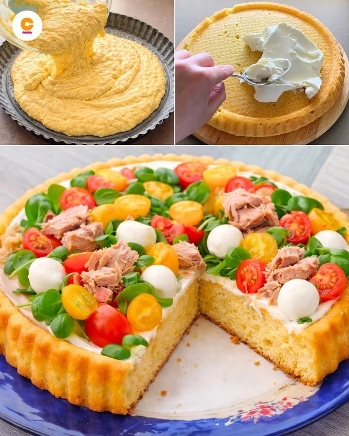 Herzhafter Mürbeteigkuchen mit frischen Zutaten auf einem Teller