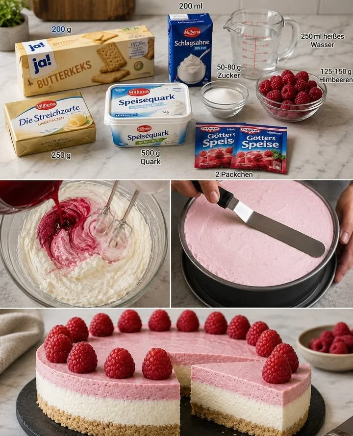 Himbeer-Frischkäse-Torte mit frischen Himbeeren und cremigem Frischkäse
