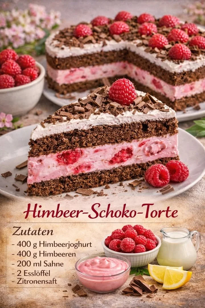 Himbeer Schoko Torte mit frischen Himbeeren und Schokoladenüberzug