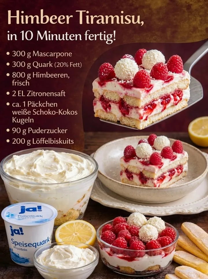 Himbeer-Tiramisu mit frischen Himbeeren und Sahne geschichtet