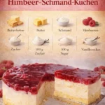 Himbeerkuchen mit Schmandfüllung auf einem Teller dekoriert mit frischen Himbeeren