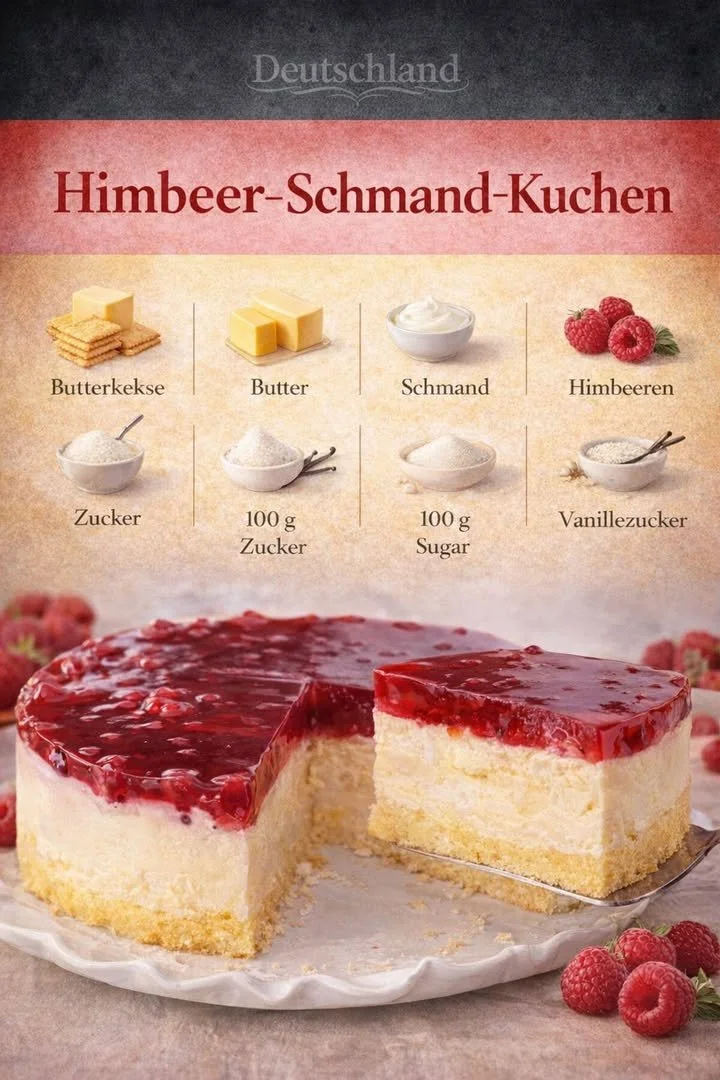 Himbeerkuchen mit Schmandfüllung auf einem Teller dekoriert mit frischen Himbeeren