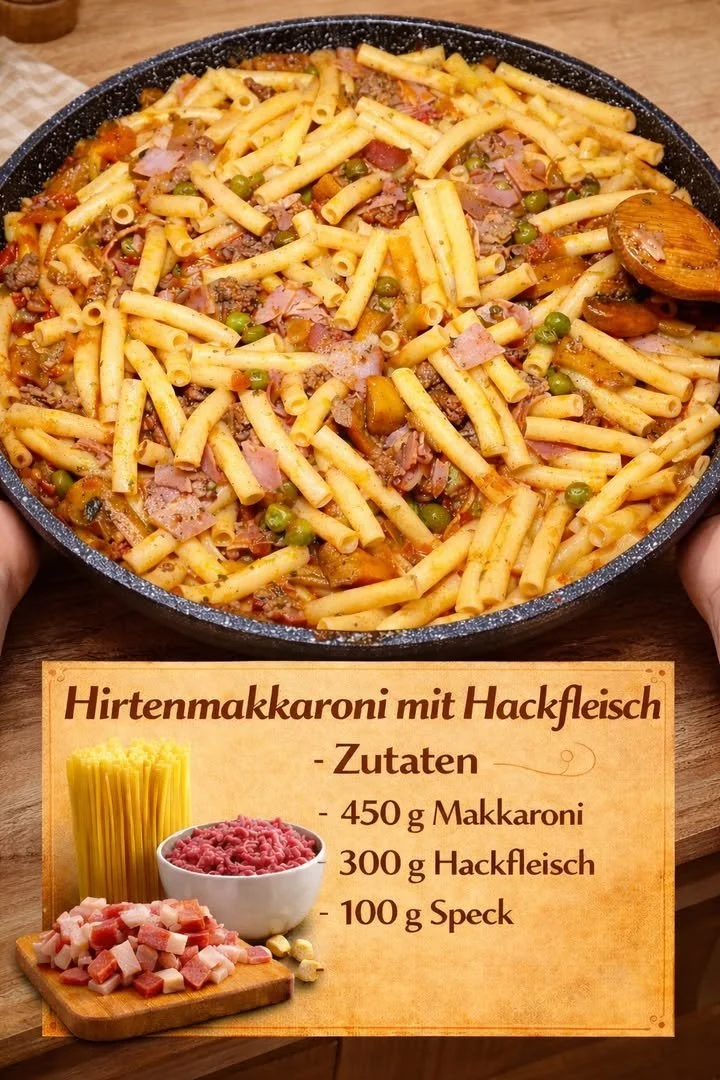 Hirtenmakkaroni mit Hackfleisch auf einem Teller serviert