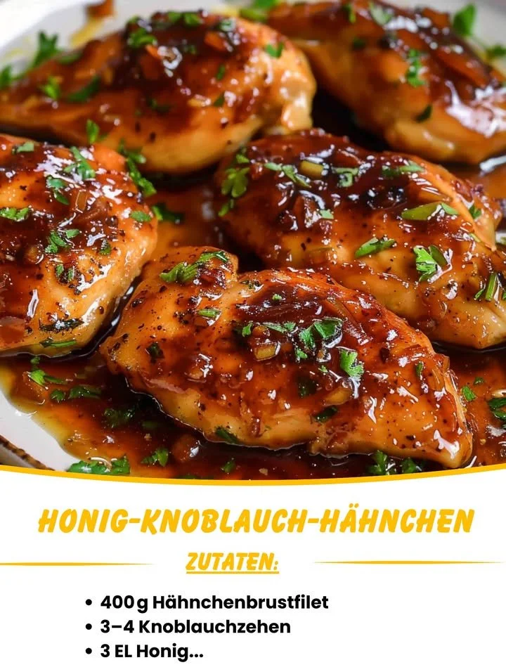 Leckeres Honig-Knoblauch-Hähnchen auf einem Teller, serviert mit Gemüse.