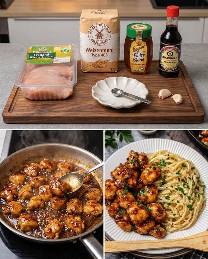 Honig-Knoblauch-Hähnchen mit cremigen Spaghetti auf einem Teller serviert.