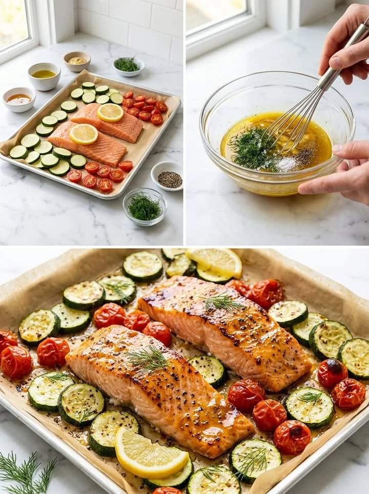 Honig-Senf-Lachs vom Blech auf einem Teller mit Beilagen