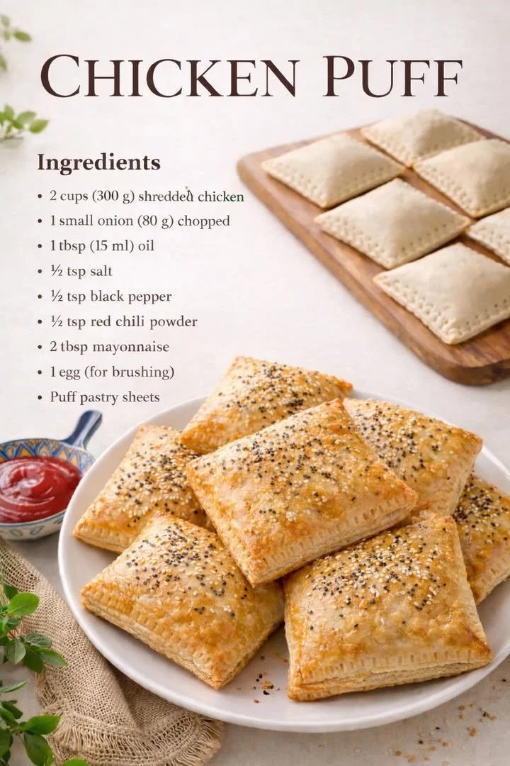 Hühnchen-Puff Rezept mit blättrigem Teig und cremiger Füllung.