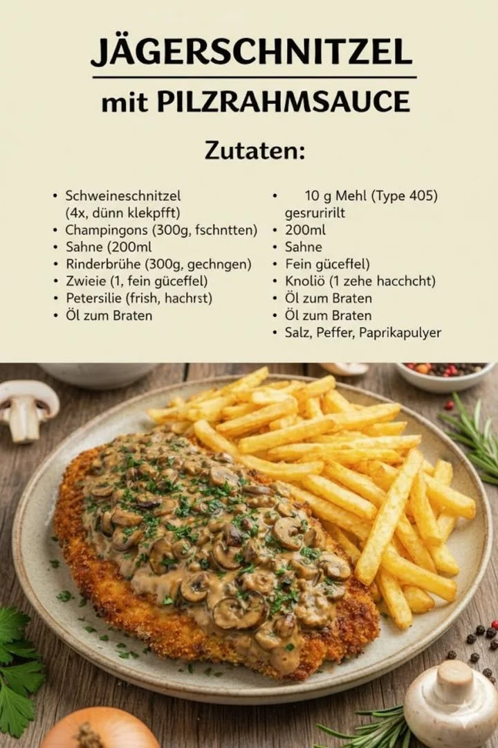 Jägerschnitzel mit cremiger Champignonsoße auf einem Teller serviert