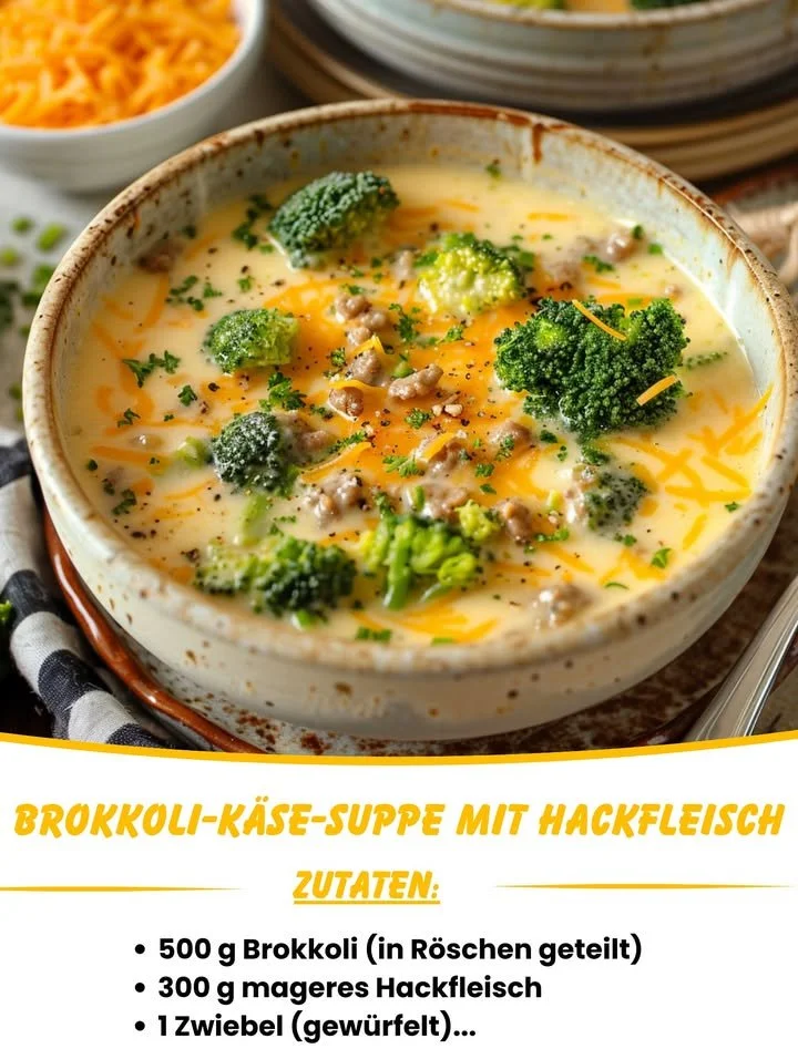 Kalorienarme Brokkoli-Käse-Suppe mit Hackfleisch in einer Schale