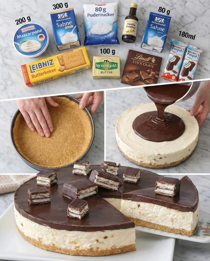 Kalter Pinguinkuchen mit Schokoladengeschmack und Pinguin-Dekoration
