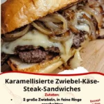 Karamellisierte Zwiebel-Käse-Steak-Sandwiches auf einem Holzbrett