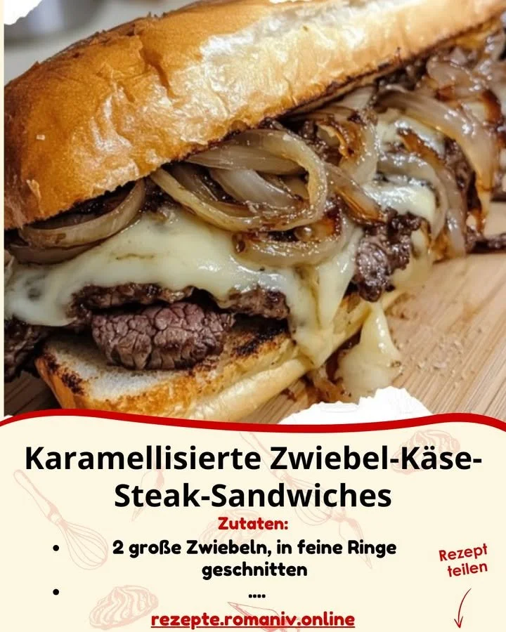 Karamellisierte Zwiebel-Käse-Steak-Sandwiches auf einem Holzbrett