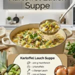 Schüssel mit hausgemachter Kartoffel-Lauch-Suppe garniert mit frischen Kräutern.