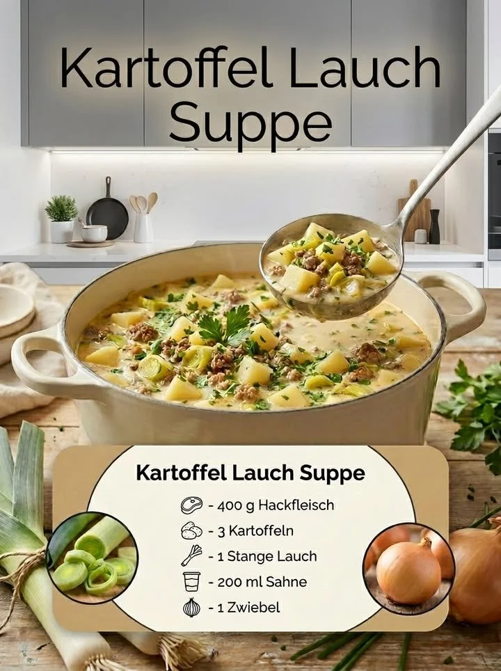 Schüssel mit hausgemachter Kartoffel-Lauch-Suppe garniert mit frischen Kräutern.