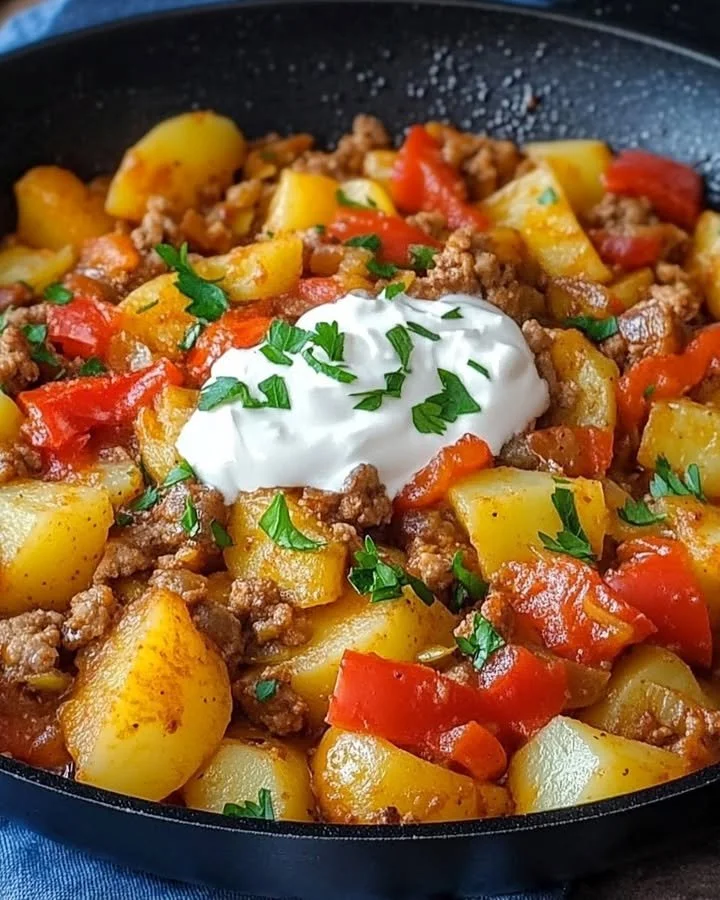 Kartoffel-Paprika-Pfanne mit Hackfleisch und Crème Fraîche auf einem Teller.