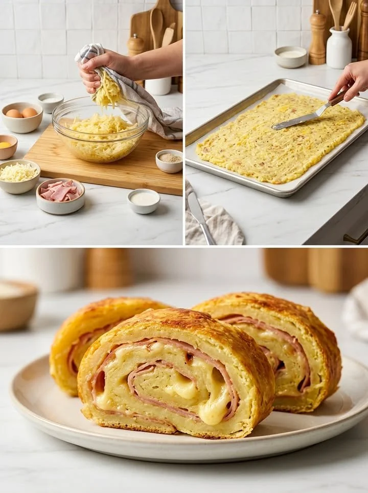 Leckere Kartoffel-Rolle mit Schinken und Käse auf einem Teller.