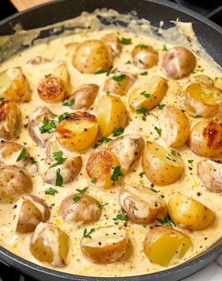 Kartoffeln in cremiger Knoblauch Sahnesauce auf einem Teller serviert