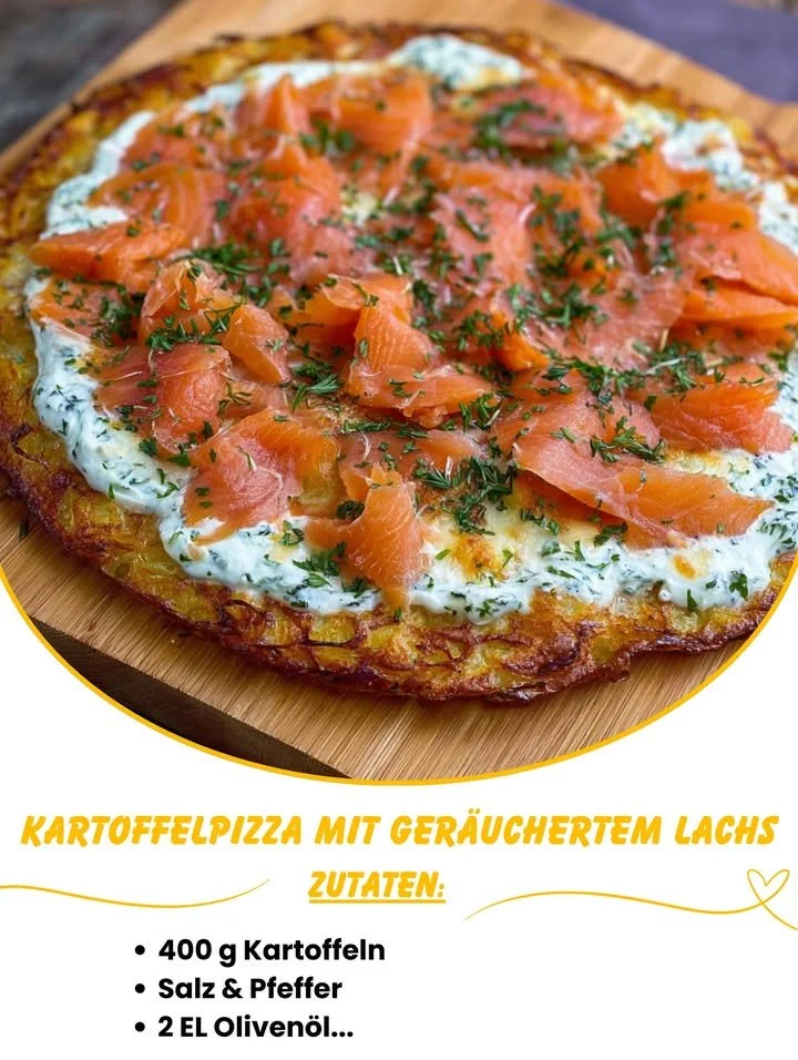 Kartoffelpizza mit geräuchertem Lachs und Kräuterfrischkäse auf dem Teller