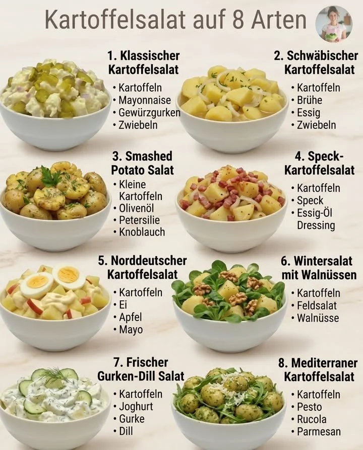 Bunte Auswahl an Kartoffelsalat auf einem Tisch - 8 Rezepte zur Inspiration