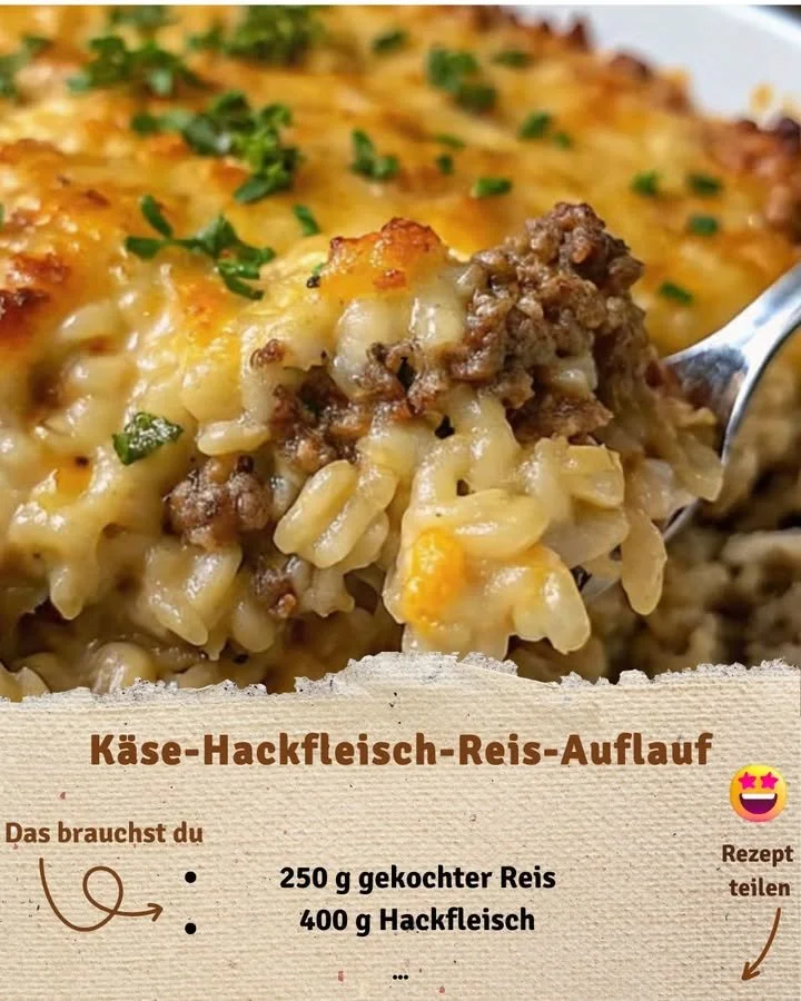 Frischer Käse-Hackfleisch-Reis-Auflauf im Ofen gebacken.