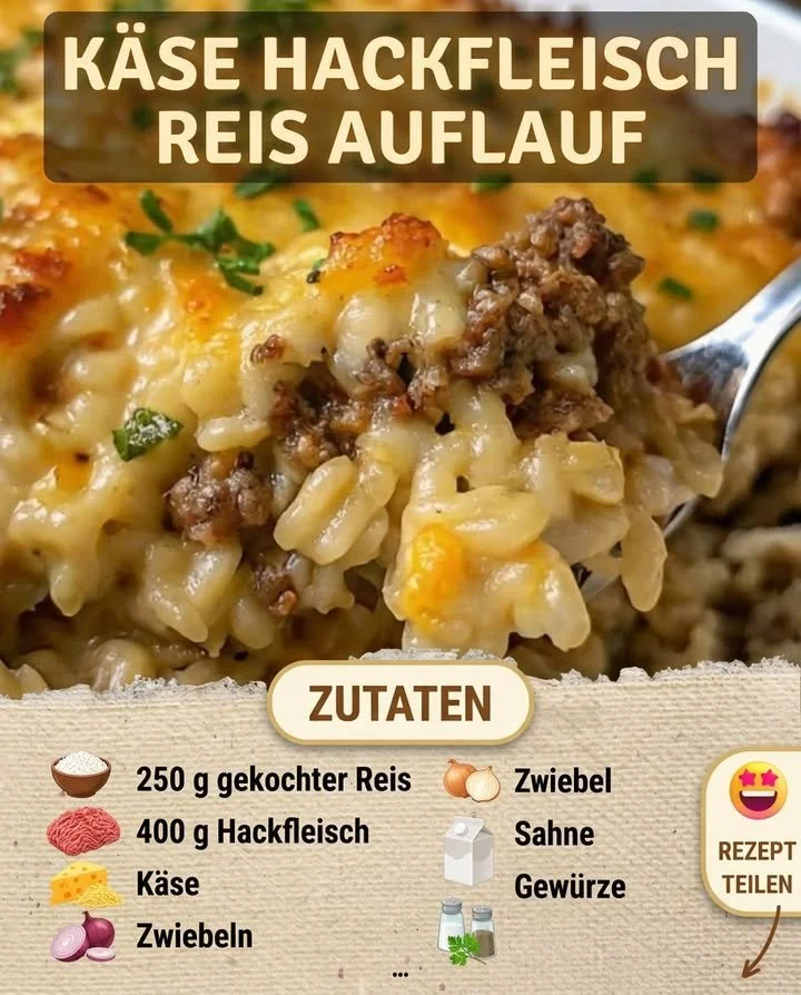 Käse-Hackfleisch-Reis-Auflauf frisch aus dem Ofen serviert