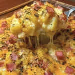 Käse-Kartoffel-Schinken-Auflauf frisch aus dem Ofen mit geschmolzenem Käse.