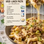 Schüssel mit Käse-Lauch-Pasta und Hackfleisch