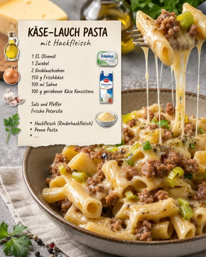 Schüssel mit Käse-Lauch-Pasta und Hackfleisch