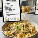 Käse-Lauch-Tortellini mit Hackfleisch auf einem Teller serviert