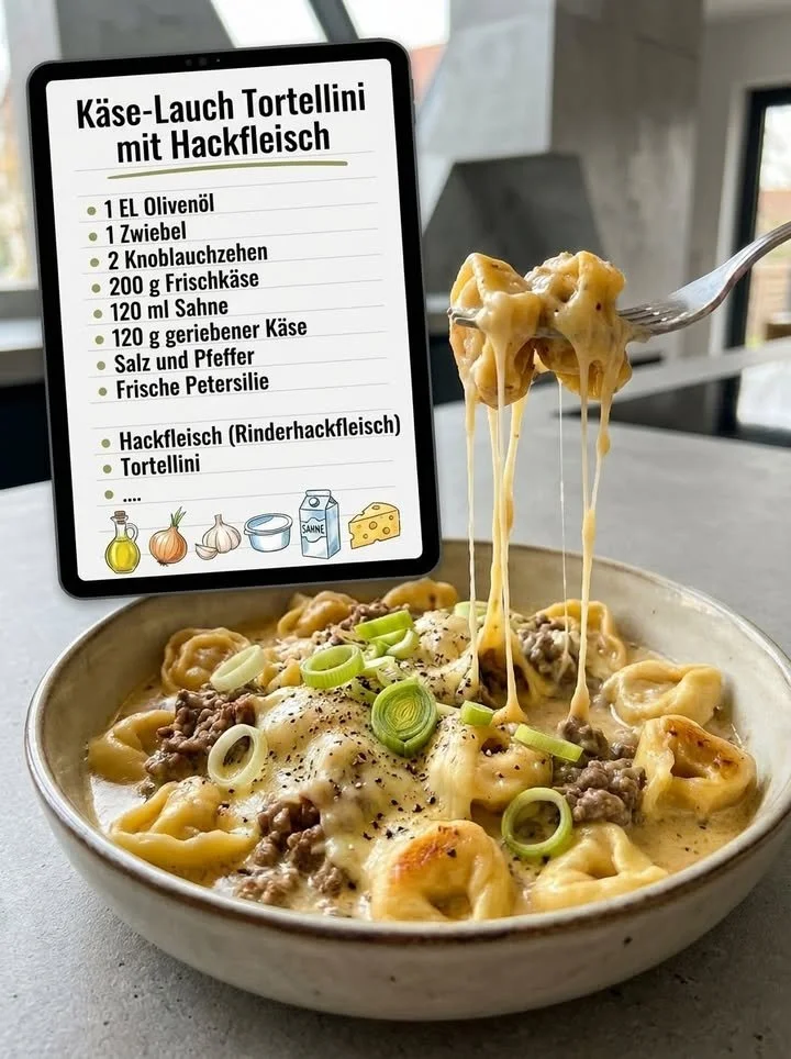 Käse-Lauch-Tortellini mit Hackfleisch auf einem Teller serviert