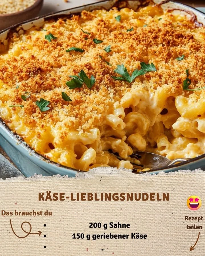 Käse-Lieblingsnudeln mit cremiger Sauce und frischem Käse überbacken.
