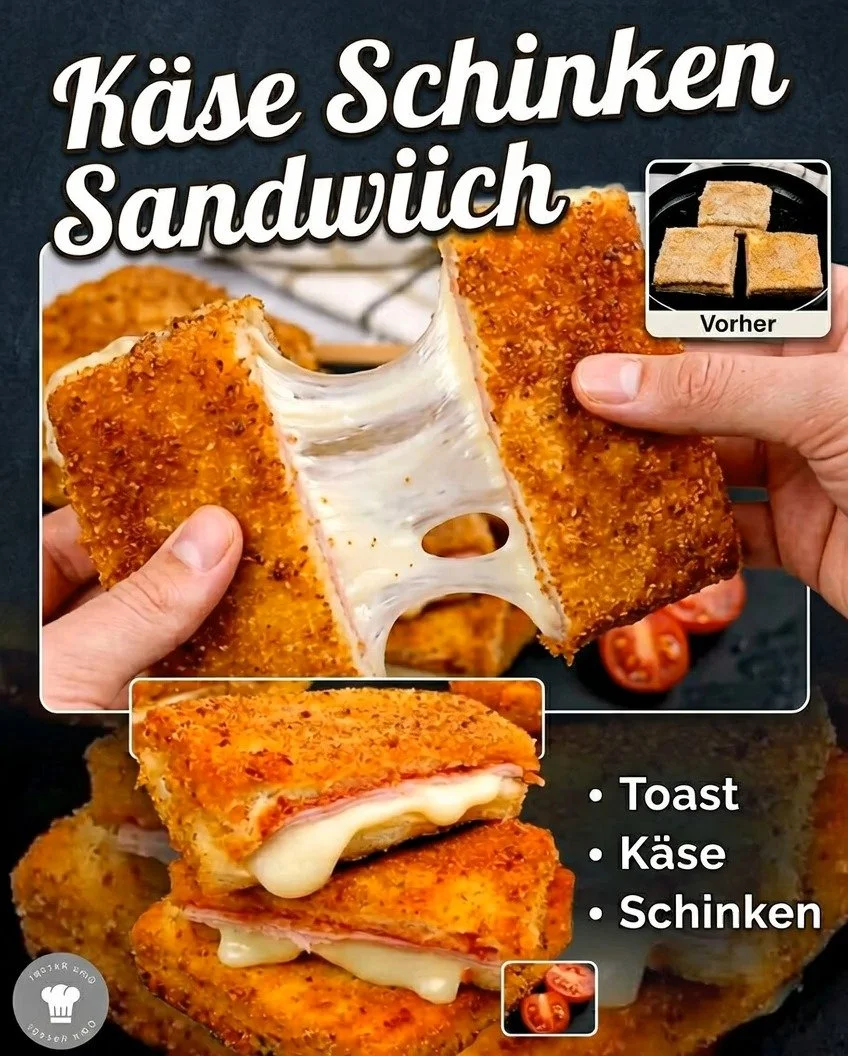 Leckeres Käse Schinken Sandwich mit frischem Brot und Beilagen.