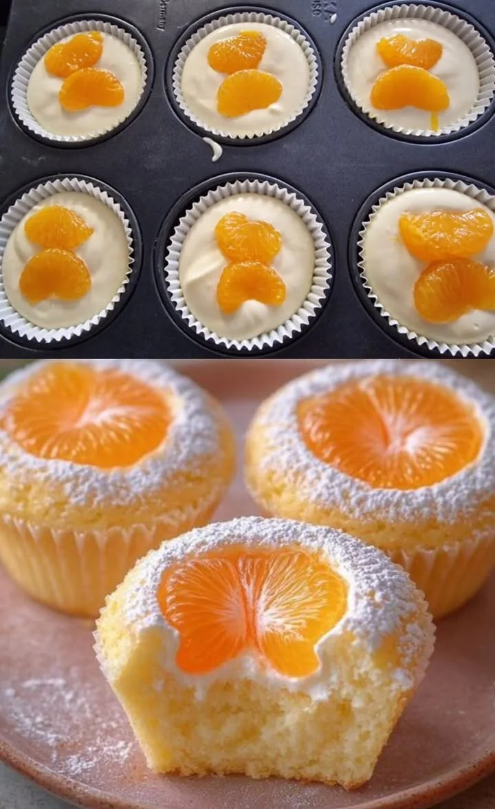Käsekuchen Muffins mit Mandarinen auf einem Tablett serviert