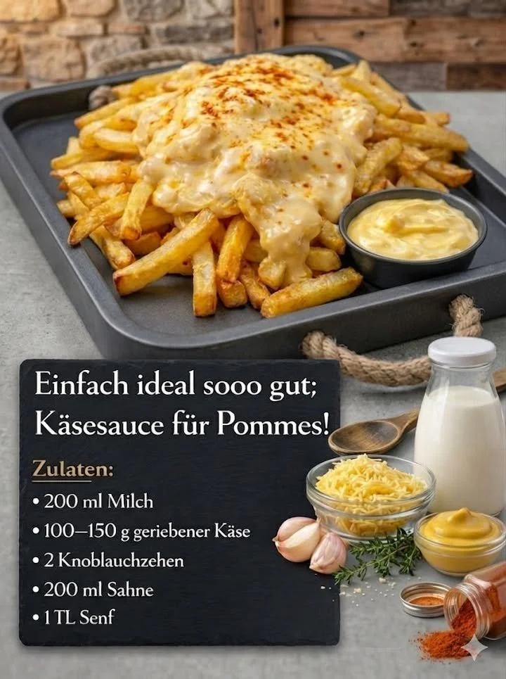 Leckere Käsesoße serviert mit knusprigen Pommes