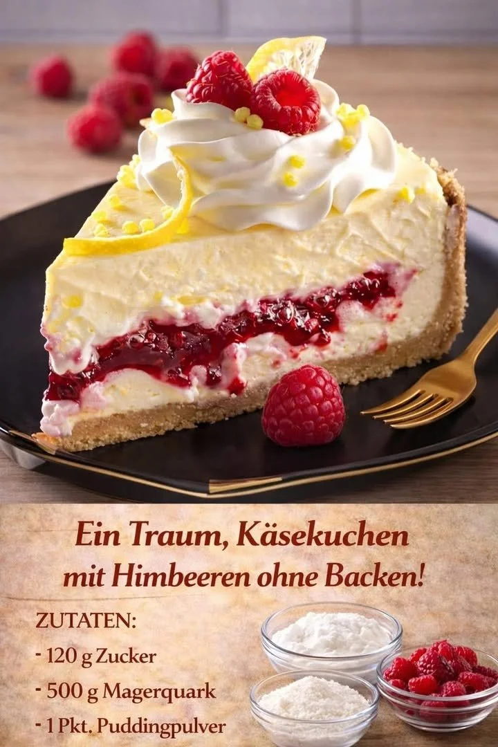 Eine köstliche Käsetorte auf einem hübschen Teller, dekoriert mit frischen Früchten.