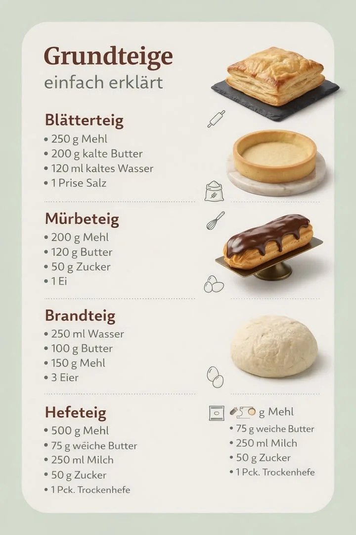 Unterschiede zwischen Blätterteig, Mürbeteig und Brandteig erklärt