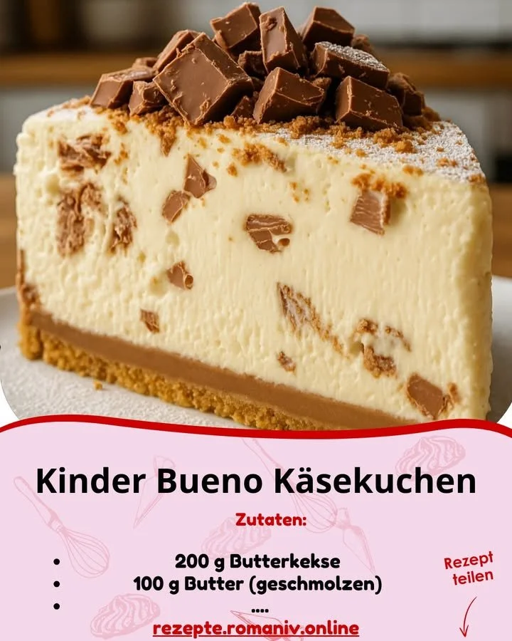 Leckerer Kinder Bueno Käsekuchen ohne Backen, serviert auf einem Teller