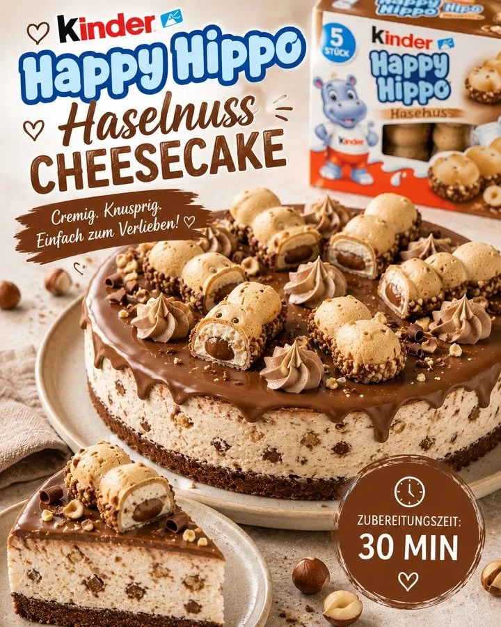 Kinder Happy Hippo Haselnuss-Käsekuchen mit Nuss-Toppings auf einem eleganten Teller.