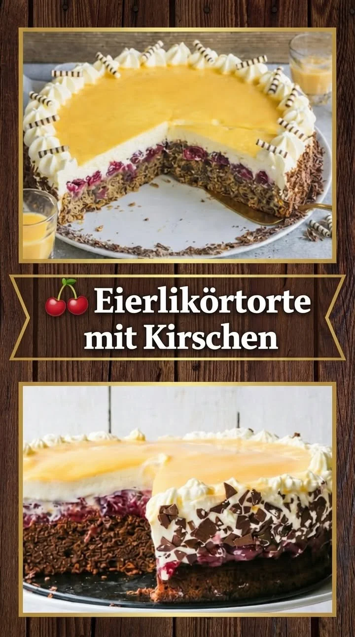 Köstliche Kirsch-Eierlikör-Torte mit saftigen Kirschen und cremiger Eierlikörfüllung.