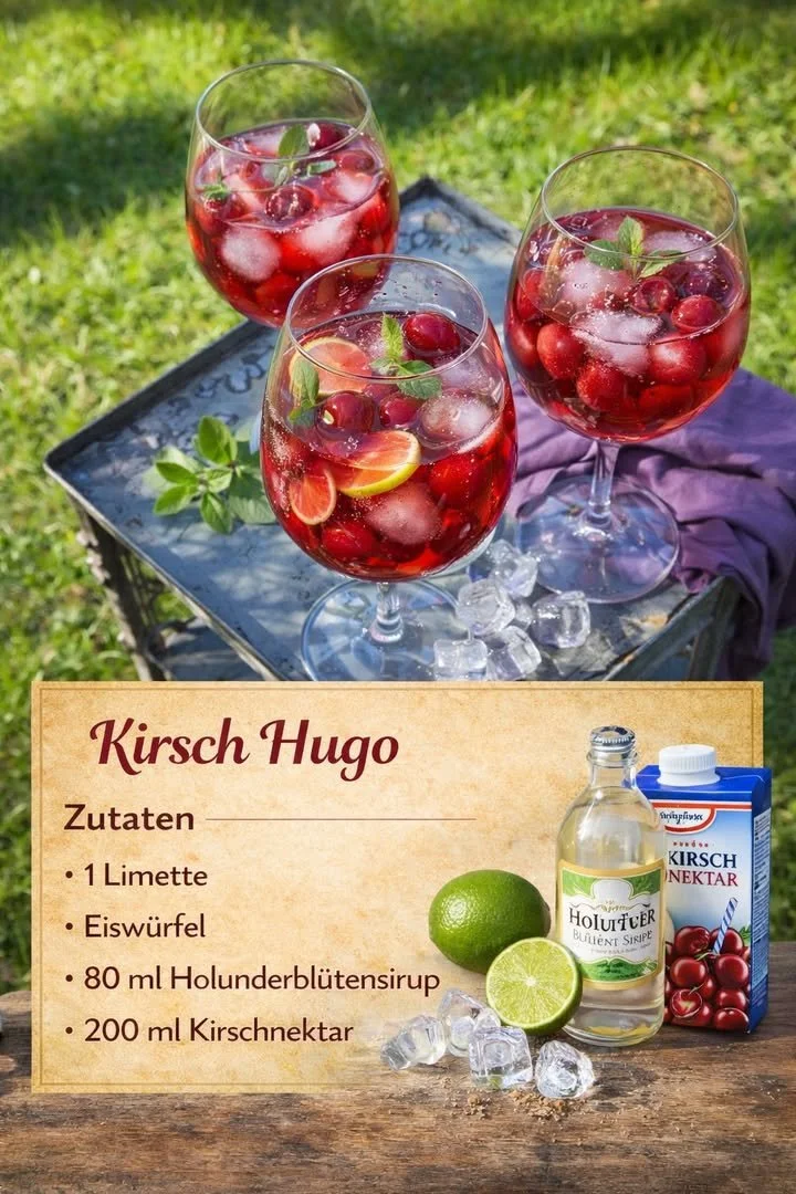 Erfrischender Kirsch Hugo Cocktail mit Kirschen und Minze.